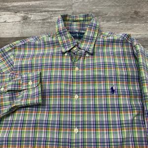 Vintage 90s Ralph Lauren Madras Purple Men‎ M Custom Fit Preppy Button Up Shirt
